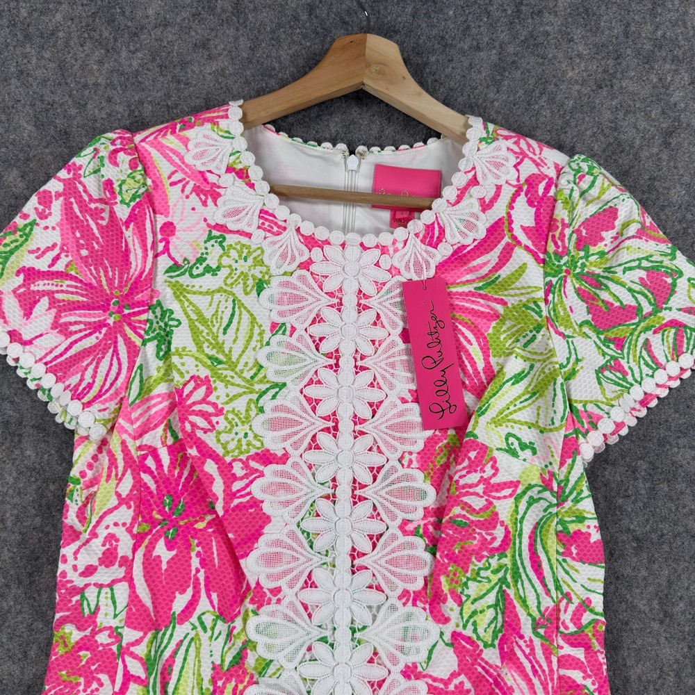 Lilly Pulitzer Maisie Stretch Shift Dress Womens 6 Floral Lace Trim Resort White
